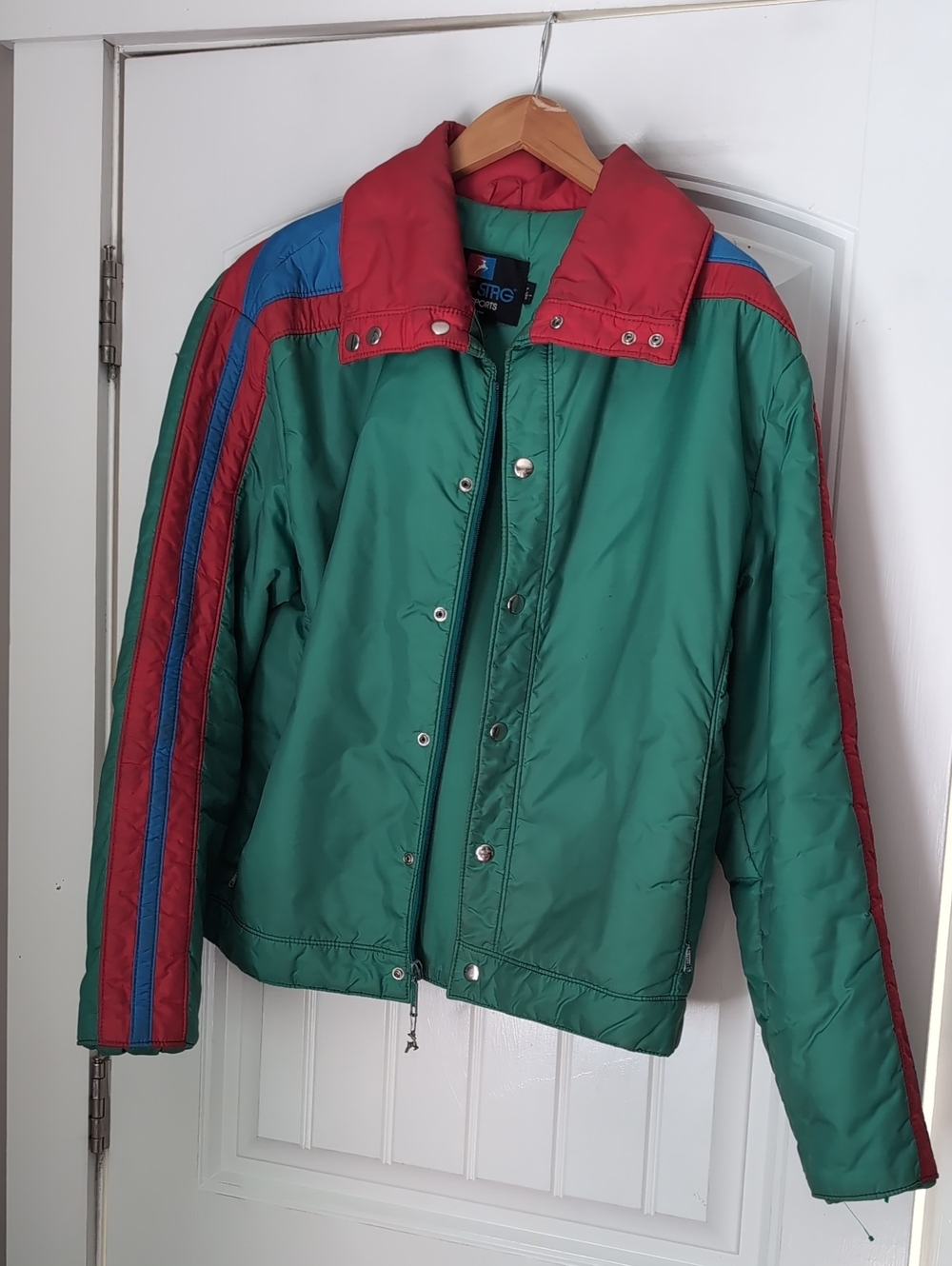 Vintage Green Colorblock Puffer Jacket with Red & Blue Accents